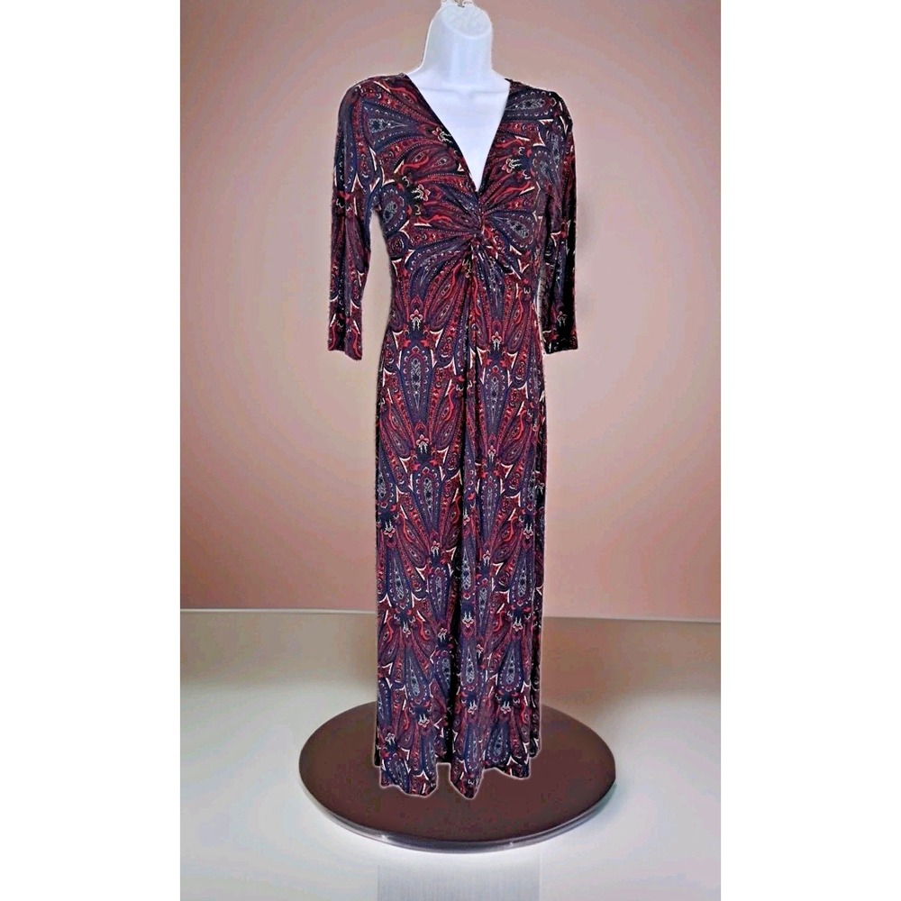 A Pea in the Pod Maternity Dress Sm Navy Red Paisley Maxi Twisted Front Spandex